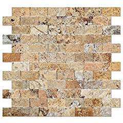 Scabos Travertine Brick Mosaic Tile 1x2, Split Face