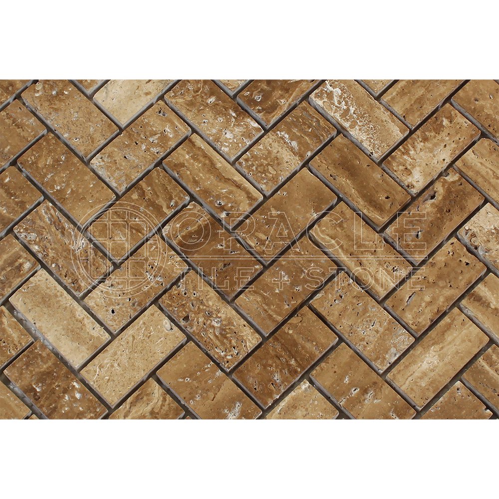 Noce Travertine Herringbone Mosaic Tile 1x2, Brushed & Unfilled & Vein-Cut