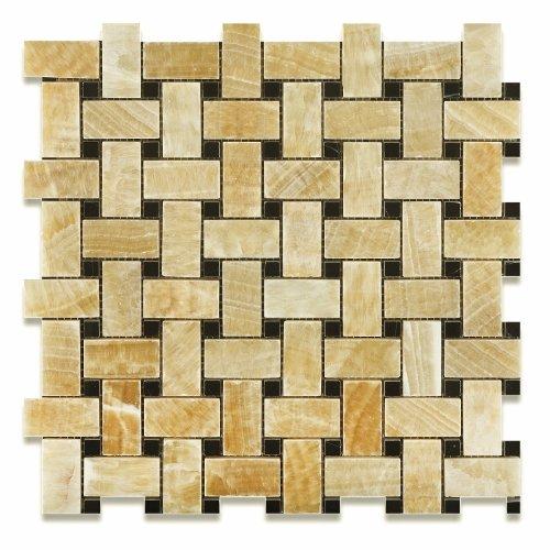 Honey Onyx Basketweave Mosaic Tile 6x6 with Black Dots, Polished