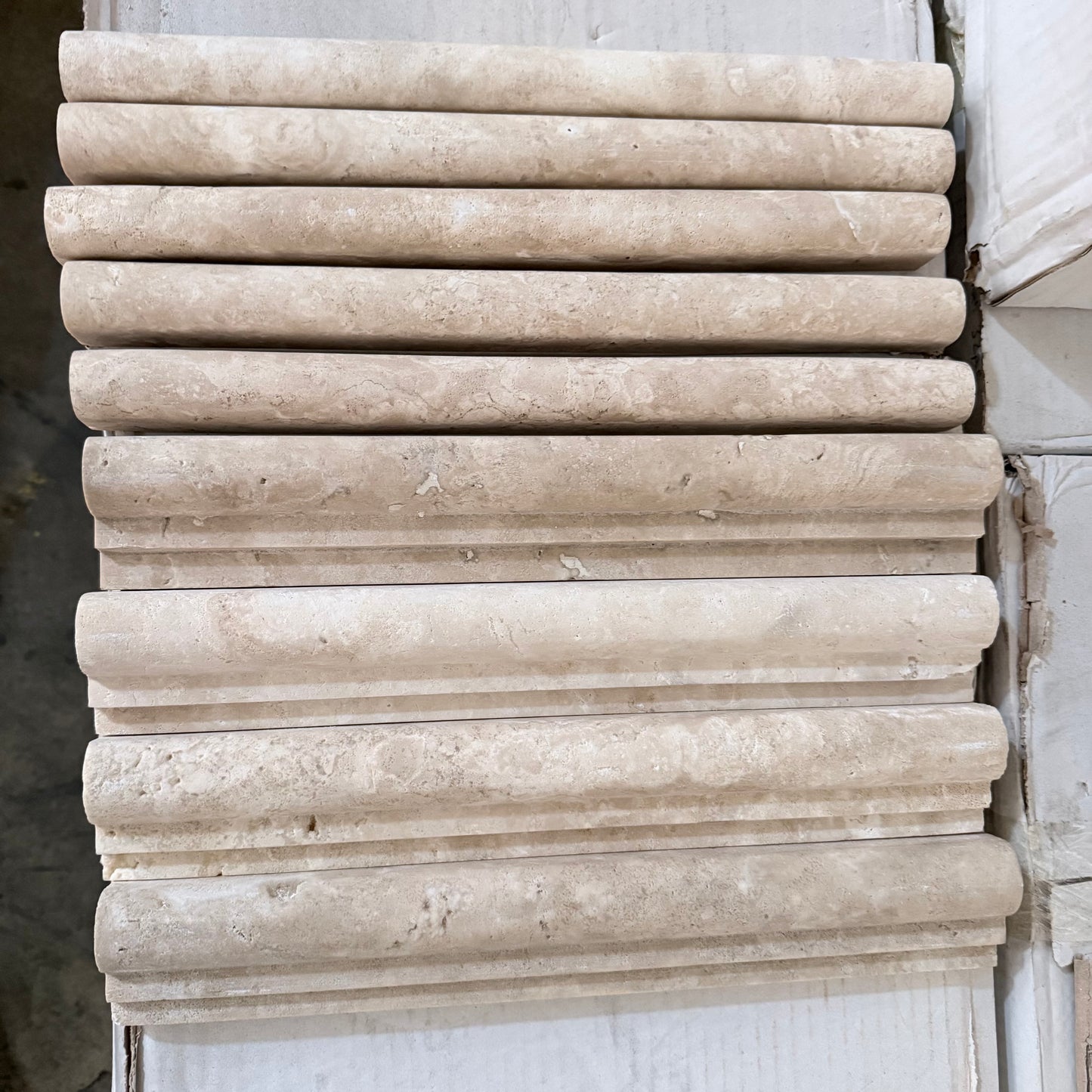 Durango Cream Travertine Honed 2 X 12 OG-1 Chair Rail Molding and 1" Dome Pencil Liner