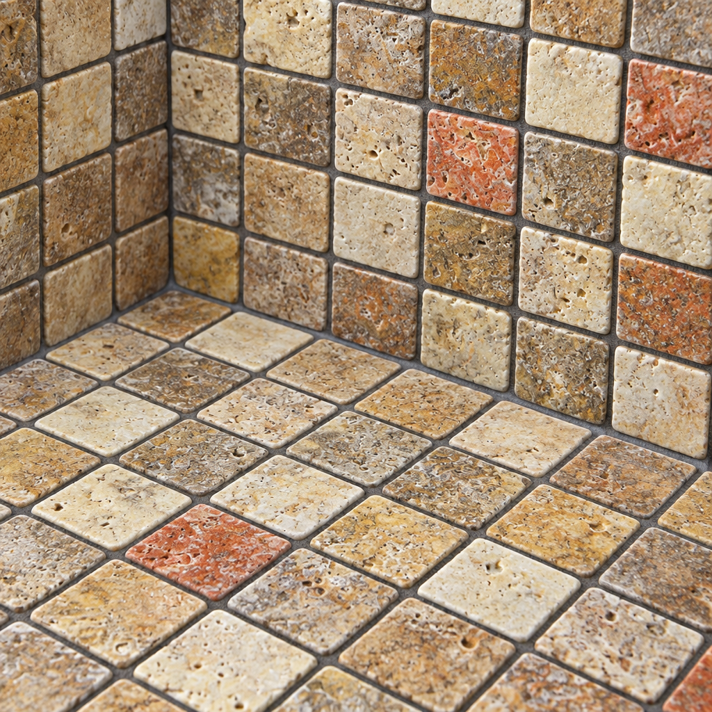 Scabos Travertine Mosaic Tile 1x1, Tumbled - installed close-up