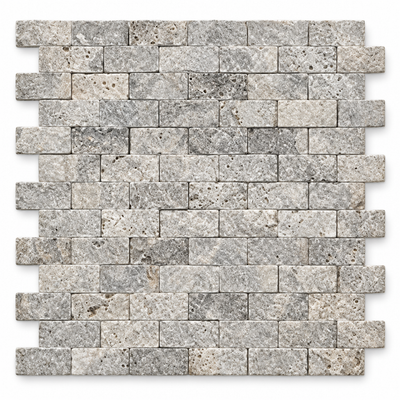 Silver Travertine Brick Mosaic Tile 1x2, Split Face