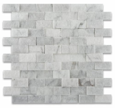 White Carrara Marble Brick Mosaic Tile 1x2, Split Face