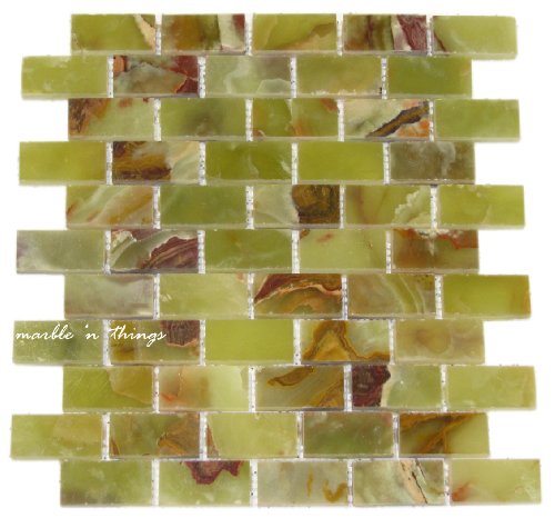 BRICK GREEN ONYX Polished Mosaic 1x2 Tile Meshed on 12x12 sheets - Tilefornia