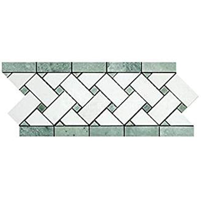 White Thassos Marble Basketweave Mosaic Tile with Green Dots, Polished