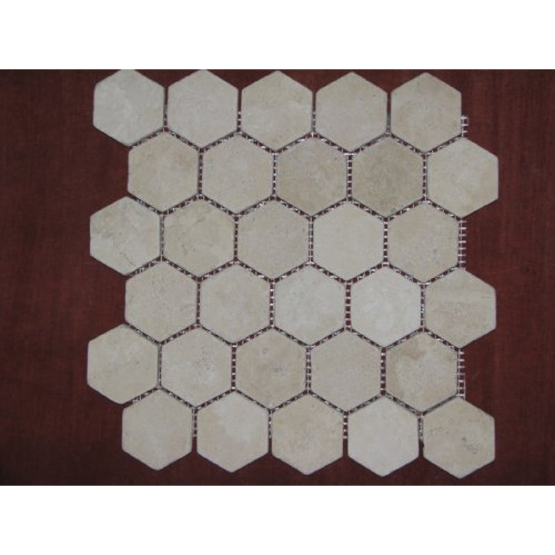 Hexagon 2x2 TUMBLE Light Beige Travertine Mosaics Meshed on 12x12 Sheet Tiles for Kitchen Backsplash, Shower Walls, Bathroom Floors - Tilefornia