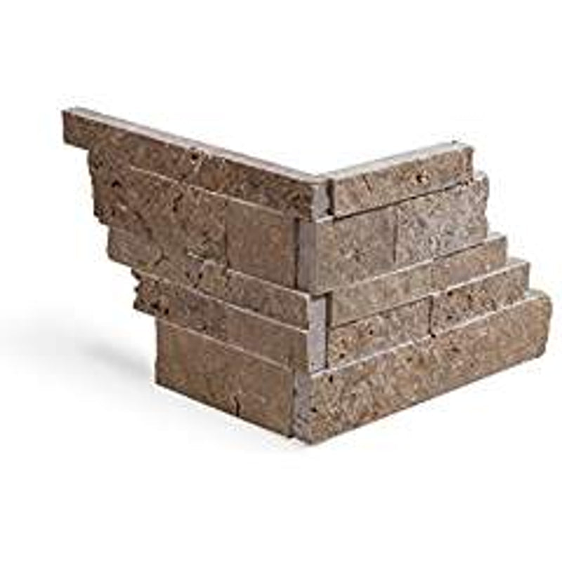 Noce Travertine Stacked Ledger Wall Panel Tile Corner, Split-faced (5 PCS.) - Tilefornia