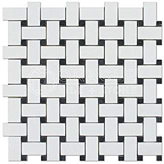 Thassos White Greek Marble Basketweave Mosaic Tile with Black Marble Dots, Polished - Tilefornia