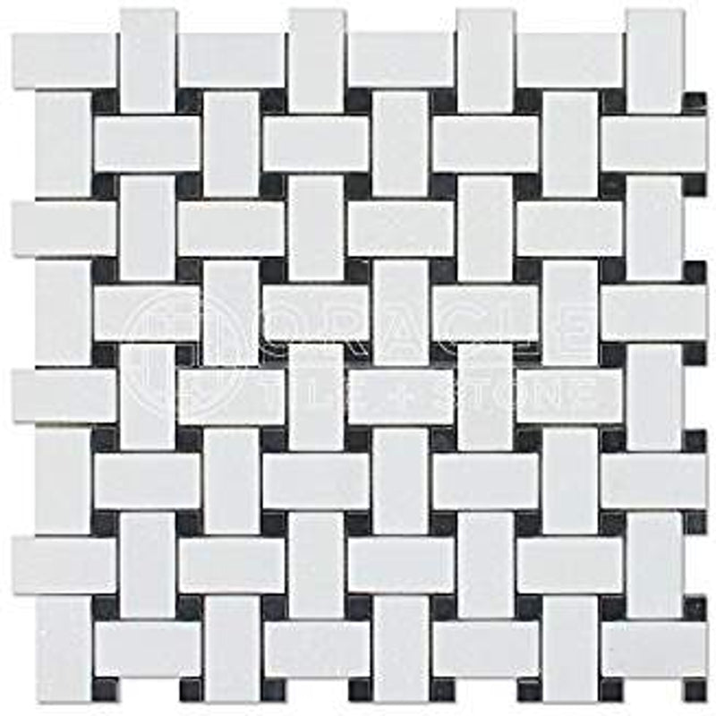 Thassos White Greek Marble Basketweave Mosaic Tile with Black Marble Dots, Polished - Tilefornia