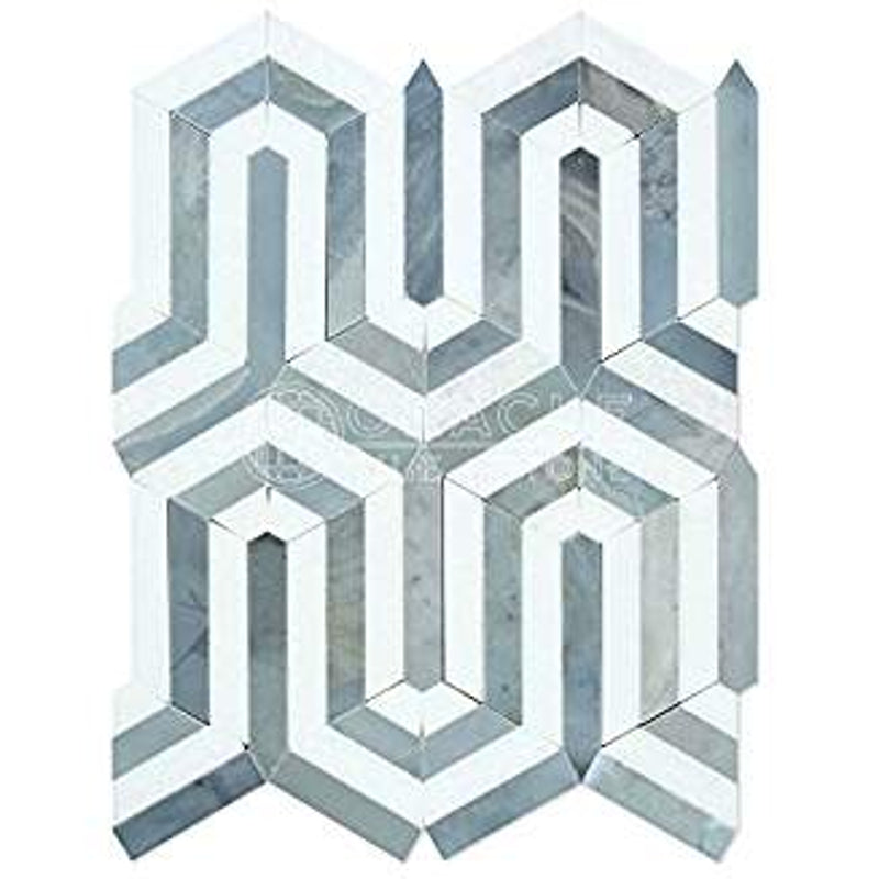 Thassos White Greek Marble Berlinetta Design Mosaic Tile with Blue & Gray, Polished - Tilefornia
