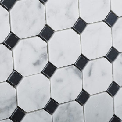 White Carrara Marble Octagon Mosaic Tile 6x6 with Black Dots, Polished