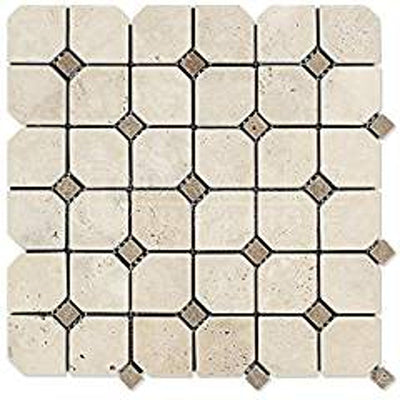 Ivory Travertine Octagon Mosaic Tile with Noce Dots, Tumbled