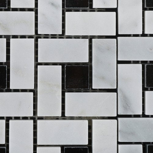 Bianco Carrara White Marble Polished Pinwheel Mosaic Tile with Black Dots - Lot of 50 sq. ft. - Tilefornia