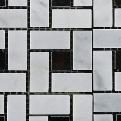 White Carrara Marble Pinwheel Mosaic Tile 6x6 with Black Dots, Polished