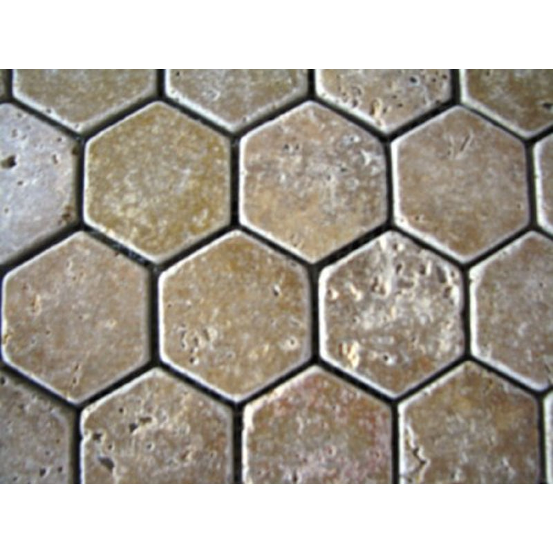 Hexagon 2x2 TUMBLE Noce Travertine Mosaics Meshed on 12x12 Sheet Tiles for Kitchen Backsplash, Shower Walls, Bathroom Floors - Tilefornia