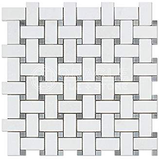 Thassos White Greek Marble Basketweave Mosaic Tile with Bardiglio Blue Gray Marble Dots, Polished - Tilefornia