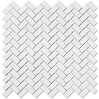 Thassos White Greek Marble Mini-Herringbone Mosaic Tile, Polished - Tilefornia