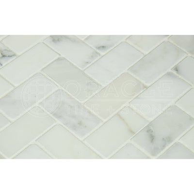 White Calacatta Gold Marble Herringbone Mosaic Tile 1x2, Honed