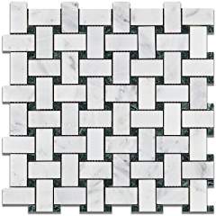 Oriental White - Eastern White Marble HONED Basketweave Mosaic Tile w/ Black Marble Dots - 6" X 6" Sample - Tilefornia