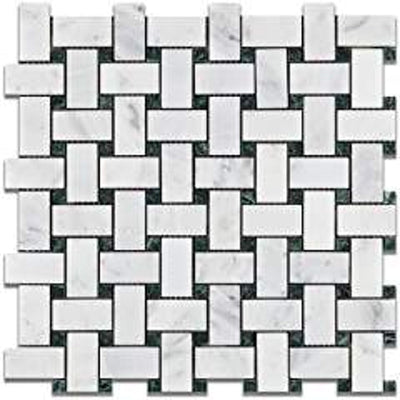 Oriental White Marble Basketweave Mosaic Tile 6x6 with Black Dots, Polished