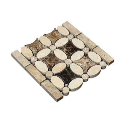 Crema Marfil Marble Florida Flower Border with Dark Emperador Marble, Polished