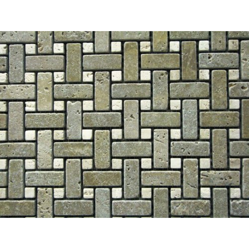 Cross Basketweave TUMBLE Noce Noche Travertine With Beige Travertine Dot Mosaics Meshed on 12x12 Sheet Tiles for Kitchen Backsplash, Shower Walls, Bathroom Floors - Tilefornia