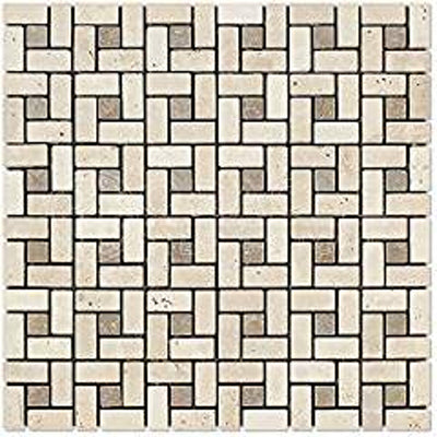 Ivory Travertine Pinwheel Mosaic Tile with Noce Dots, Tumbled