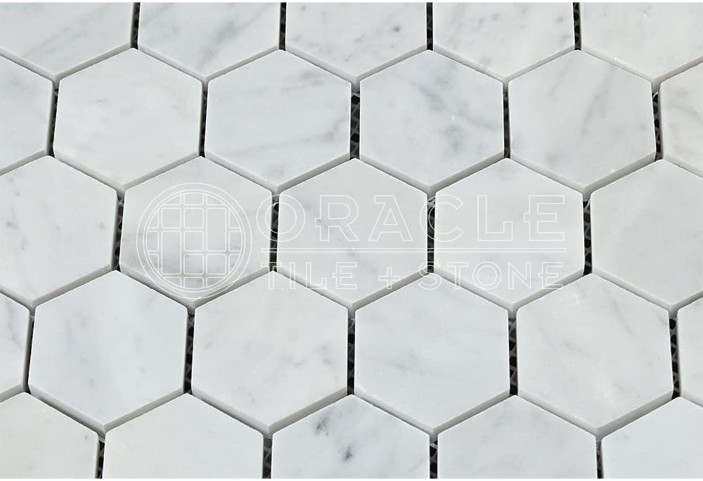 ITALIAN WHITE CARRARA 2" Polished Hexagon Mosaic Tiles - 5 Sheets - Tilefornia