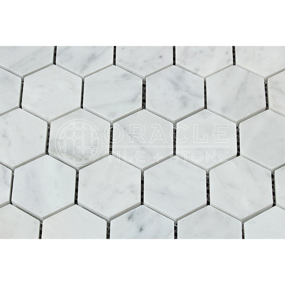 Carrara White Italian (Bianco Carrara) Marble 2 inch Hexagon Mosaic Tile, Polished - Tilefornia