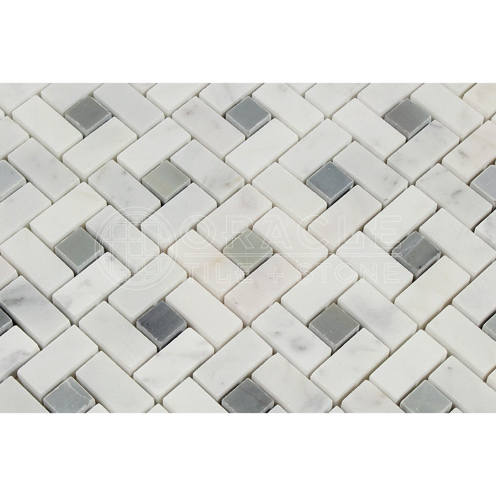 Carrara White Italian (Bianco Carrara) Marble Pinwheel Mosaic Tile with Blue & Gray, Polished - Tilefornia
