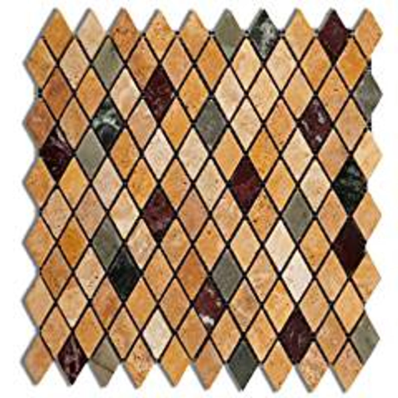Multi-color Marble & Travertine Modena Harlequin (Diamond / Rhomboid) Tumbled Mosaic Tile - Box of 5 Sheets - Tilefornia