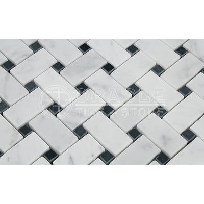 White Carrara Marble Basketweave Mosaic Tile with Black Dots, Honed