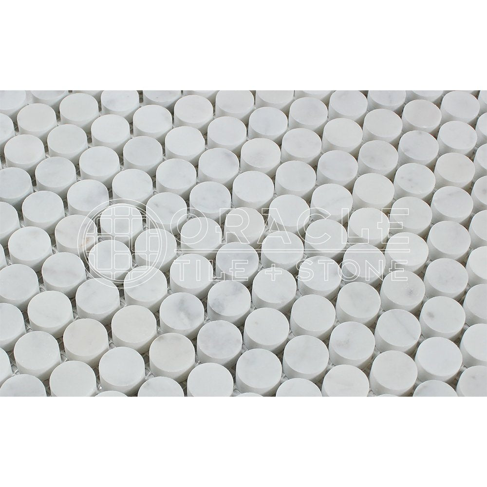 Carrara White Italian (Bianco Carrara) Marble Penny Round Mosaic Tile, Polished - Tilefornia