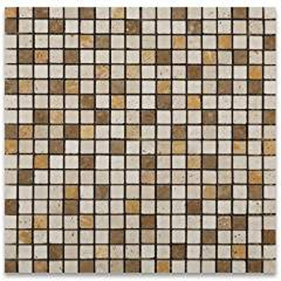 Mixed (Ivory + Noce + Gold) Travertine Mosaic Tile 5/8x5/8, Tumbled
