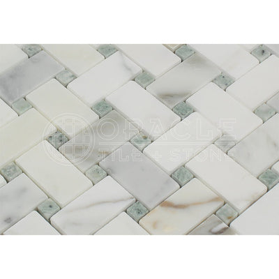 White Calacatta Gold Marble Basketweave Mosaic Tile with Green & Ming Dots, Honed