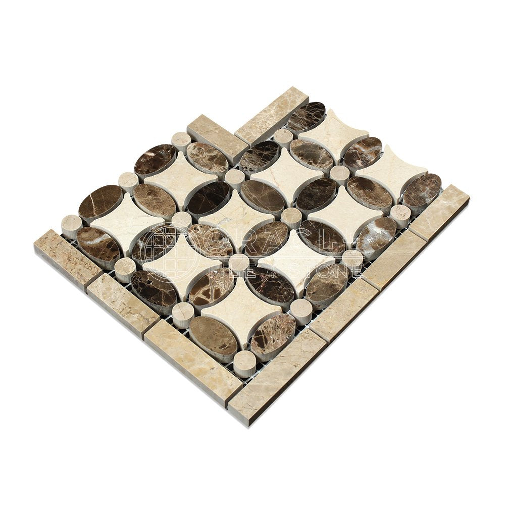 Emperador Dark Spanish Marble Florida Flower Border Corner with Crema Marfil Marble, Polished - Tilefornia