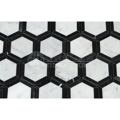 White Carrara Marble Hexagon Mosaic Tile with Black, Honed
