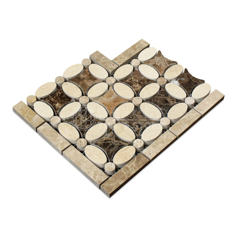 Crema Marfil Spanish Marble Florida Flower Border Corner with Emperador Dark Marble, Polished - Tilefornia