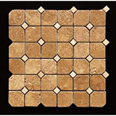 Brown Noce Travertine Hexagon Mosaic Tile with Ivory Dots, Tumbled