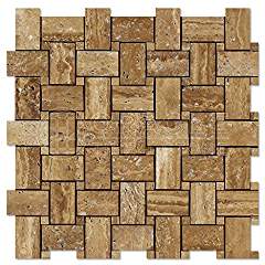 Noce Vein-Cut Travertine Basketweave Mosaic Tile, Brushed & Unfilled (LOT of 5 SHEETS) - Tilefornia