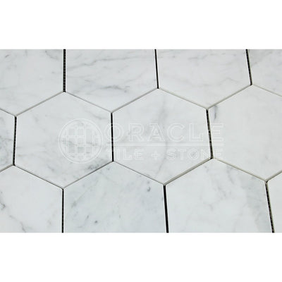 White Carrara Marble Hexagon Mosaic Tile 5 in, Honed