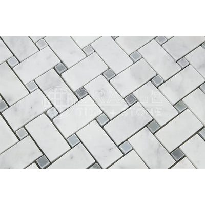 White Carrara Marble Basketweave Mosaic Tile with Blue & Gray Dots, Honed