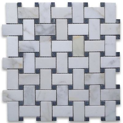 White Calacatta Gold Marble Basketweave Mosaic Tile with Black Dots, Honed