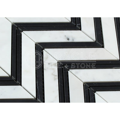 White Carrara Marble Chevron Mosaic Tile with Black, Polished
