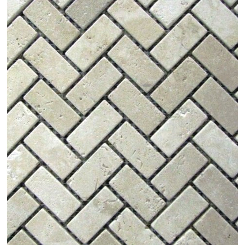 Herringbone 1x2 TUMBLE Classic Beige Travertine For Kitchen Bathroom Backsplash, Shower Walls & Flooring - Tilefornia