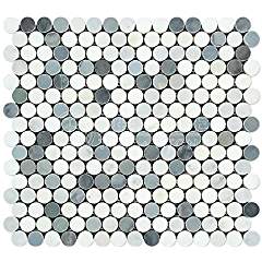Oriental White Marble Penny Round Mosaic Tile with Blue & Gray Dots, Honed
