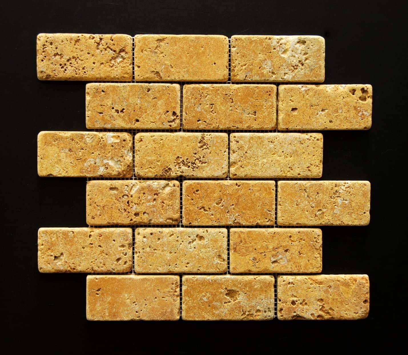 Gold/Yellow 2X4 Travertine Tumbled Brick Mosaic Tile - Tilefornia