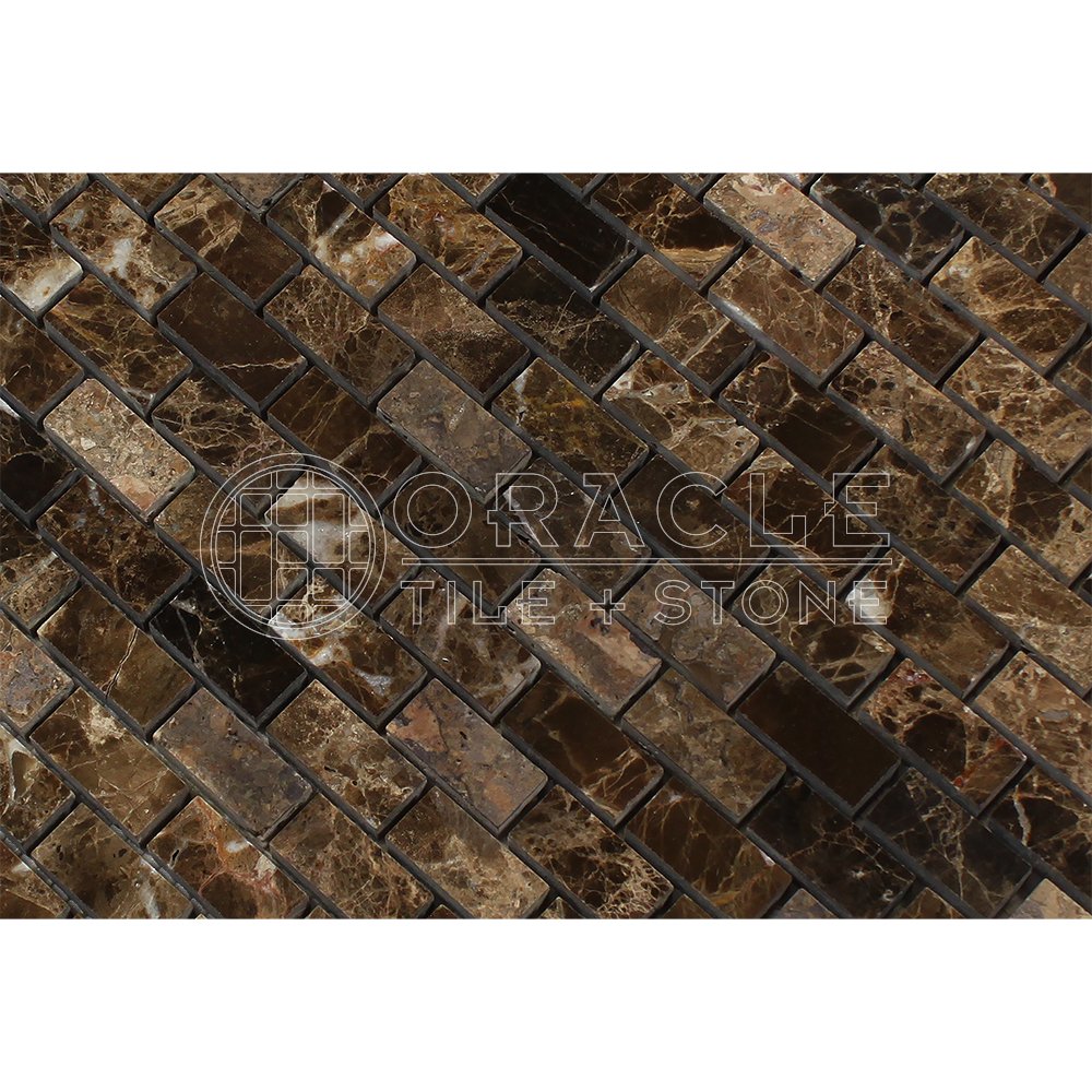 Emperador Dark Spanish Marble Mini Herringbone Mosaic Tile, Polished - Tilefornia