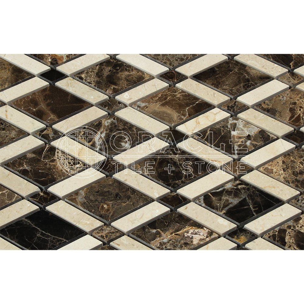 Emperador Dark Spanish Marble Lattice (Emperador Dark + Crema Marfil) Mosaic Tile, Polished - Tilefornia