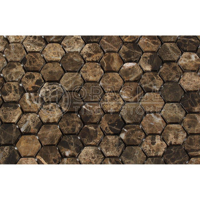 Dark Emperador Marble Hexagon Mosaic Tile 1 in, Tumbled